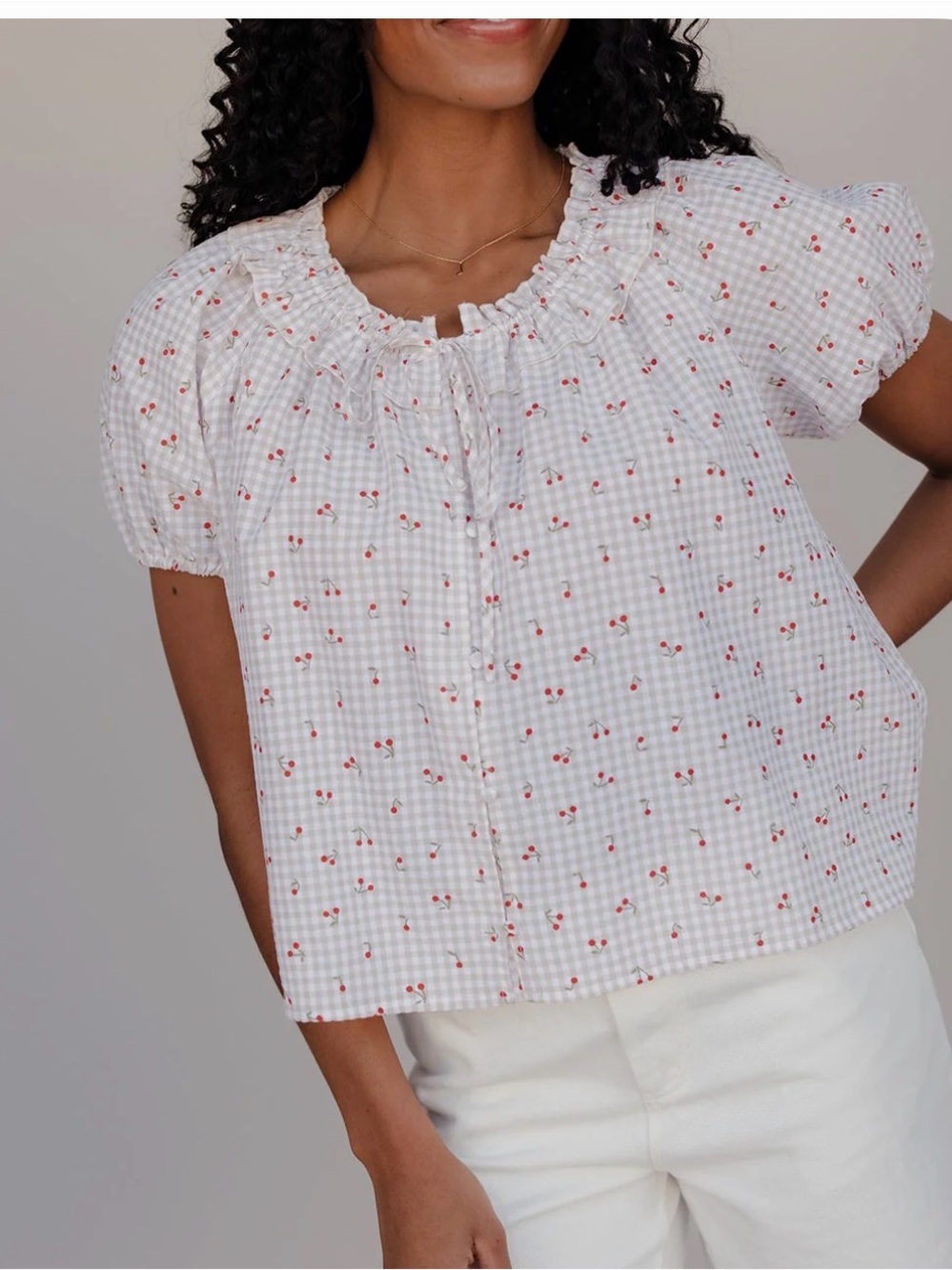 Roolee Peasant Ruffle Neck Cherry Print Blouse  Top M